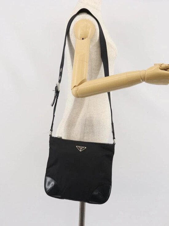 Prada Handbags - PRADA Shoulder Bag Nylon Leather Black Silver Auth 169453